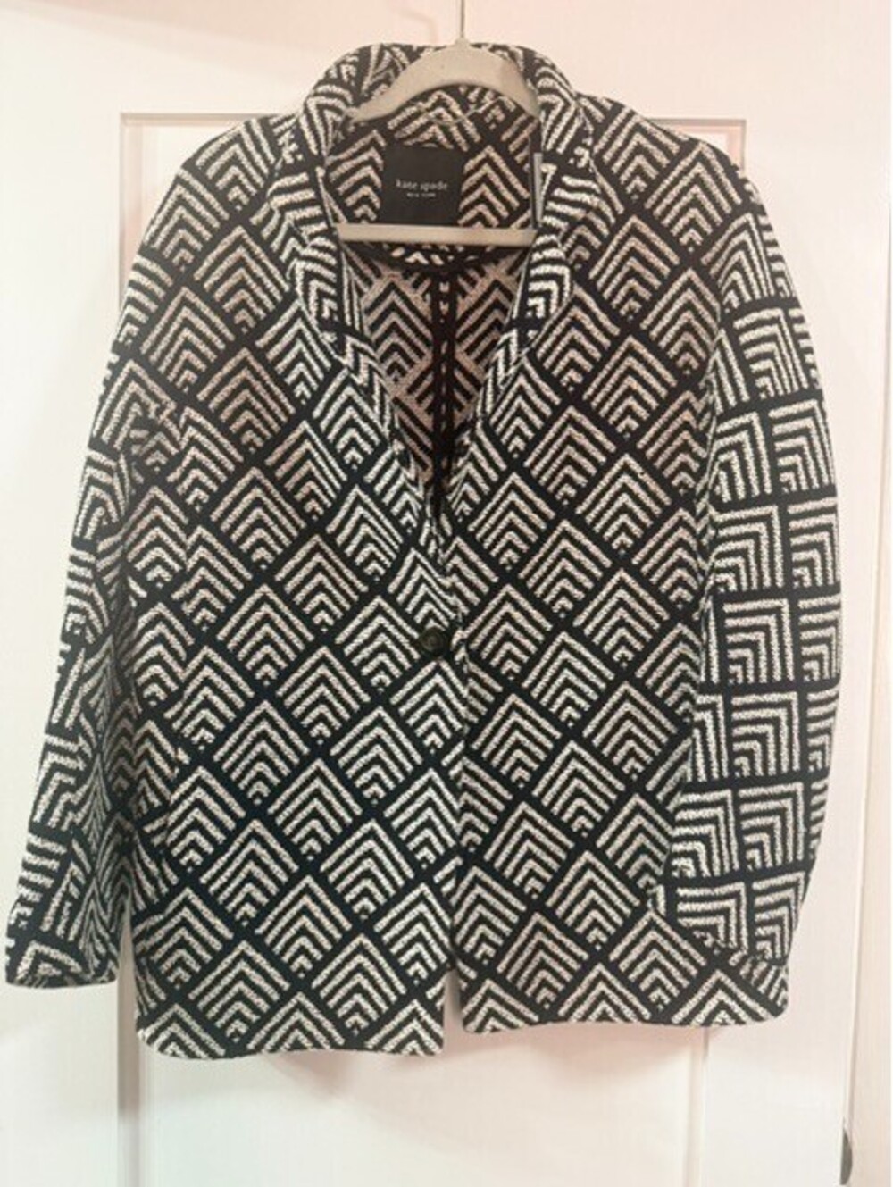 Kate Spade New York Women's Geometric Open Front Knit Cardigan Black Cream XL